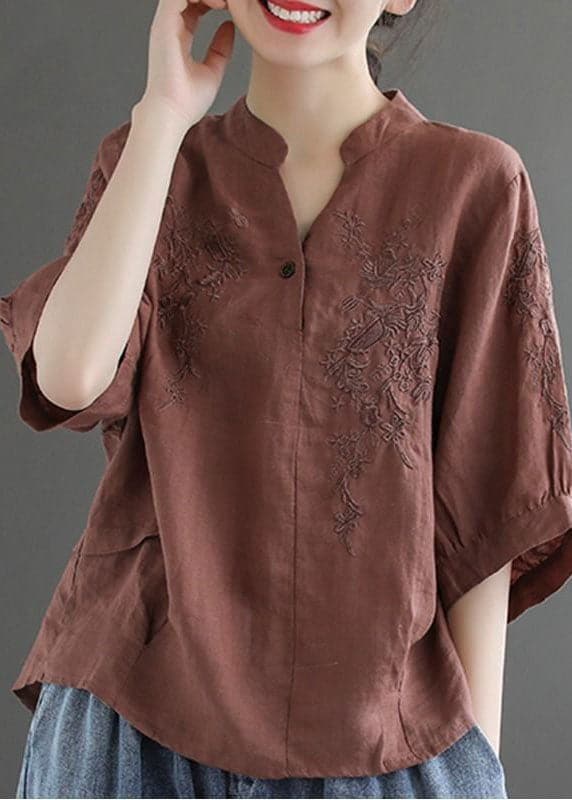 Women Coffee V Neck Embroideried Wrinkled Linen Blouse Top Lantern Sleeve GK-HTP220623