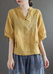 Women Coffee V Neck Embroideried Wrinkled Linen Blouse Top Lantern Sleeve GK-HTP220623