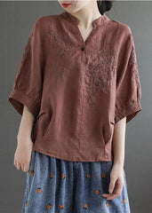 Women Coffee V Neck Embroideried Wrinkled Linen Blouse Top Lantern Sleeve GK-HTP220623