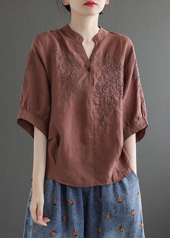 Women Coffee V Neck Embroideried Wrinkled Linen Blouse Top Lantern Sleeve GK-HTP220623