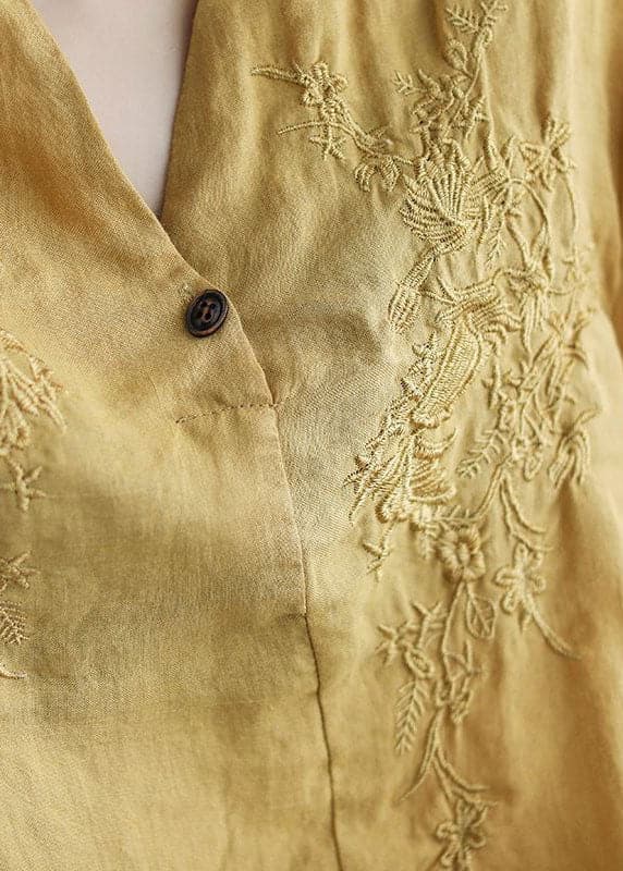 Women Coffee V Neck Embroideried Wrinkled Linen Blouse Top Lantern Sleeve GK-HTP220623