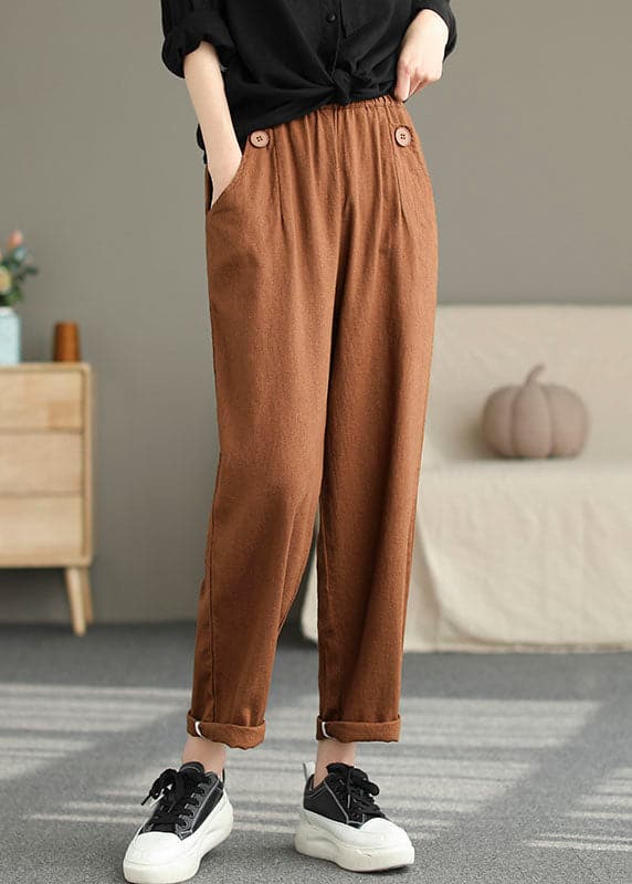 Women Corduroy Pleated Solid Elastic Waist Side Pockets Casual Pants BG-LPTS220622