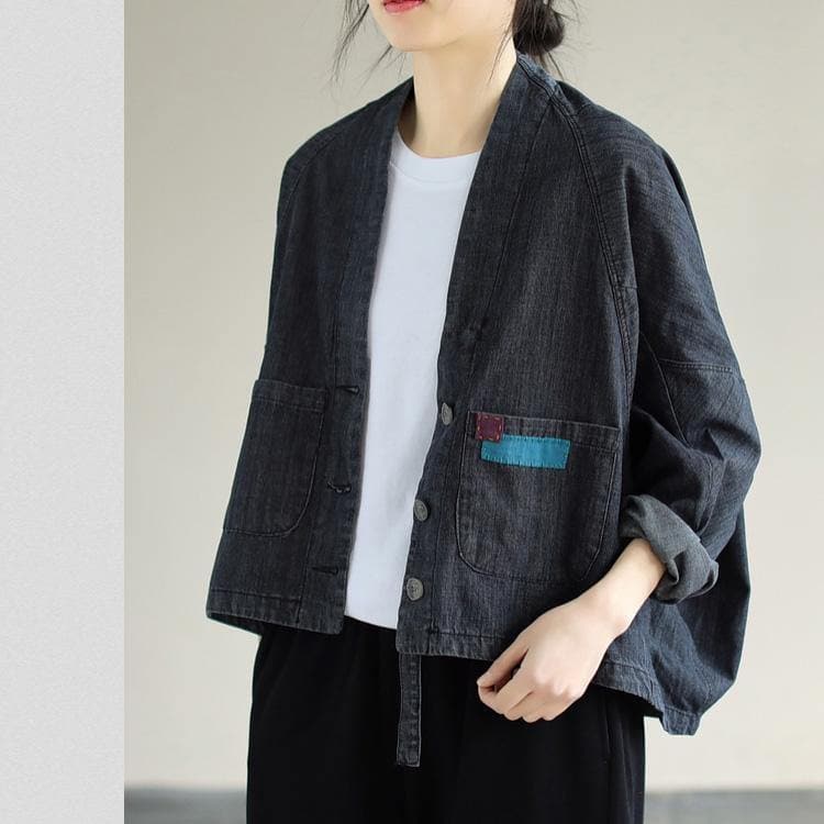 Women Denim Black Coats V Neck Button Down Spring Coats CTS210115