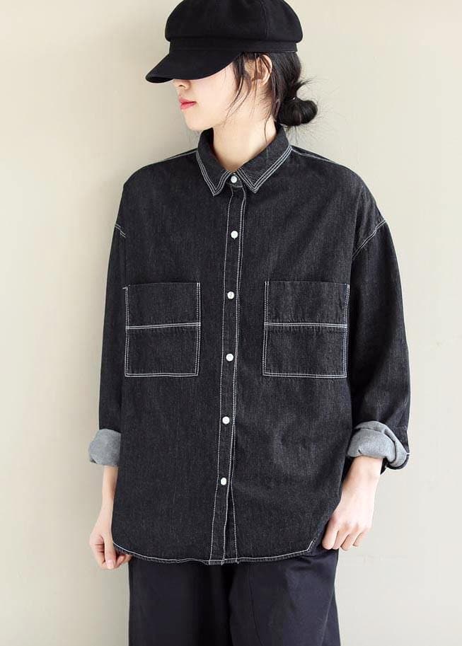 Women Denim Black Top Silhouette Lapel Pockets Vestidos De Lino Spring Shirts LTP210129