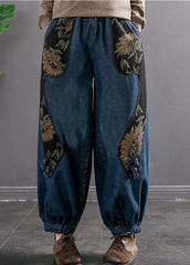 Women Denim Blue Elastic Waist Embroideried Pockets Cotton Harem Pants Spring nz-LPTS220519