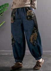 Women Denim Blue Elastic Waist Embroideried Pockets Cotton Harem Pants Spring nz-LPTS220519