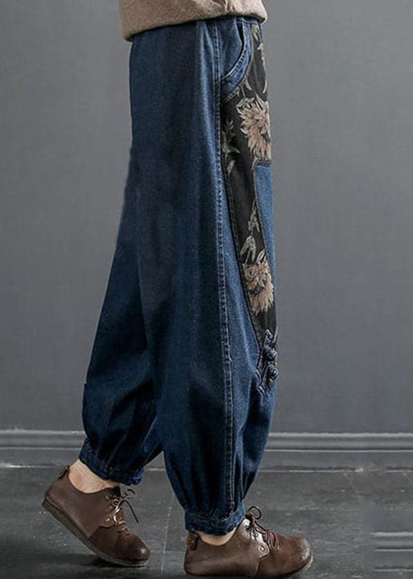 Women Denim Blue Elastic Waist Embroideried Pockets Cotton Harem Pants Spring nz-LPTS220519