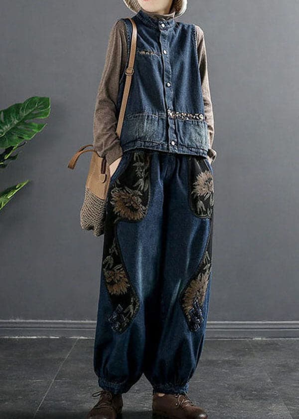 Women Denim Blue Elastic Waist Embroideried Pockets Cotton Harem Pants Spring nz-LPTS220519