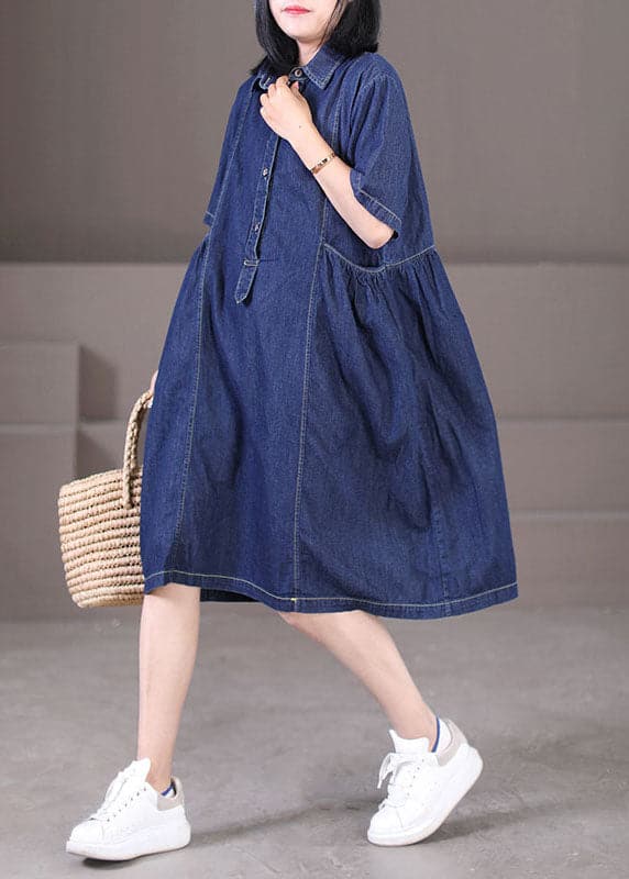 Women Denim Blue Peter Pan Collar Wrinkled Pockets Cotton Robe Dresses Short Sleeve WG-SDM220630