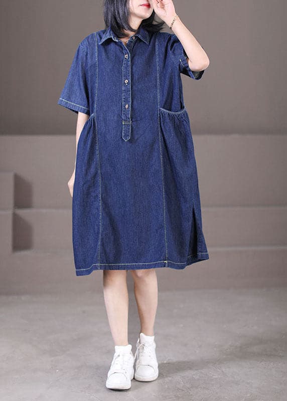 Women Denim Blue Peter Pan Collar Wrinkled Pockets Cotton Robe Dresses Short Sleeve WG-SDM220630