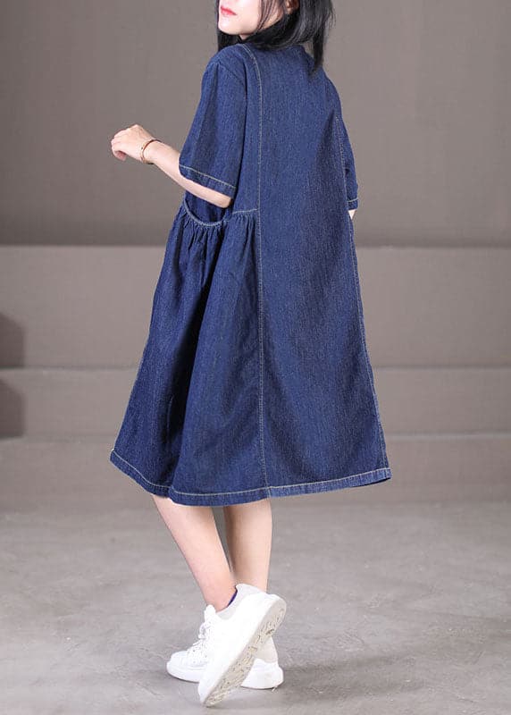 Women Denim Blue Peter Pan Collar Wrinkled Pockets Cotton Robe Dresses Short Sleeve WG-SDM220630