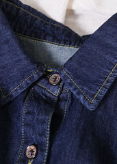 Women Denim Blue Peter Pan Collar Wrinkled Pockets Cotton Robe Dresses Short Sleeve WG-SDM220630