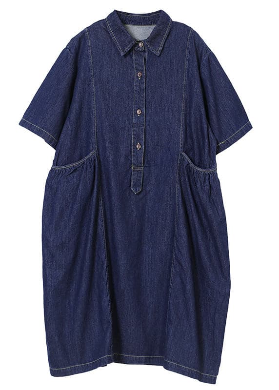 Women Denim Blue Peter Pan Collar Wrinkled Pockets Cotton Robe Dresses Short Sleeve WG-SDM220630