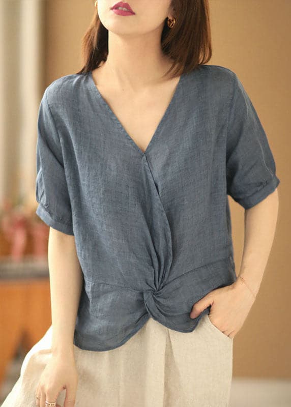 Women Denim Blue V Neck Asymmetrical Design Linen Blouses Short Sleeve XS-STP220701