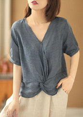 Women Denim Blue V Neck Asymmetrical Design Linen Blouses Short Sleeve XS-STP220701