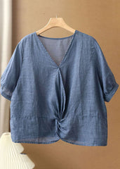 Women Denim Blue V Neck Asymmetrical Design Linen Blouses Short Sleeve XS-STP220701