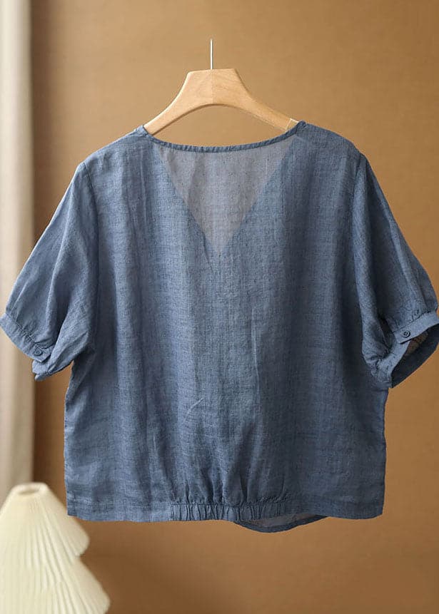 Women Denim Blue V Neck Asymmetrical Design Linen Blouses Short Sleeve XS-STP220701