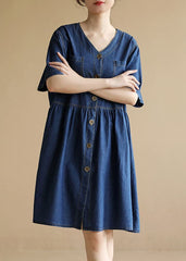 Women Denim Blue V Neck Pockets Cotton A Line Dress Short Sleeve TRCP-SDM220620