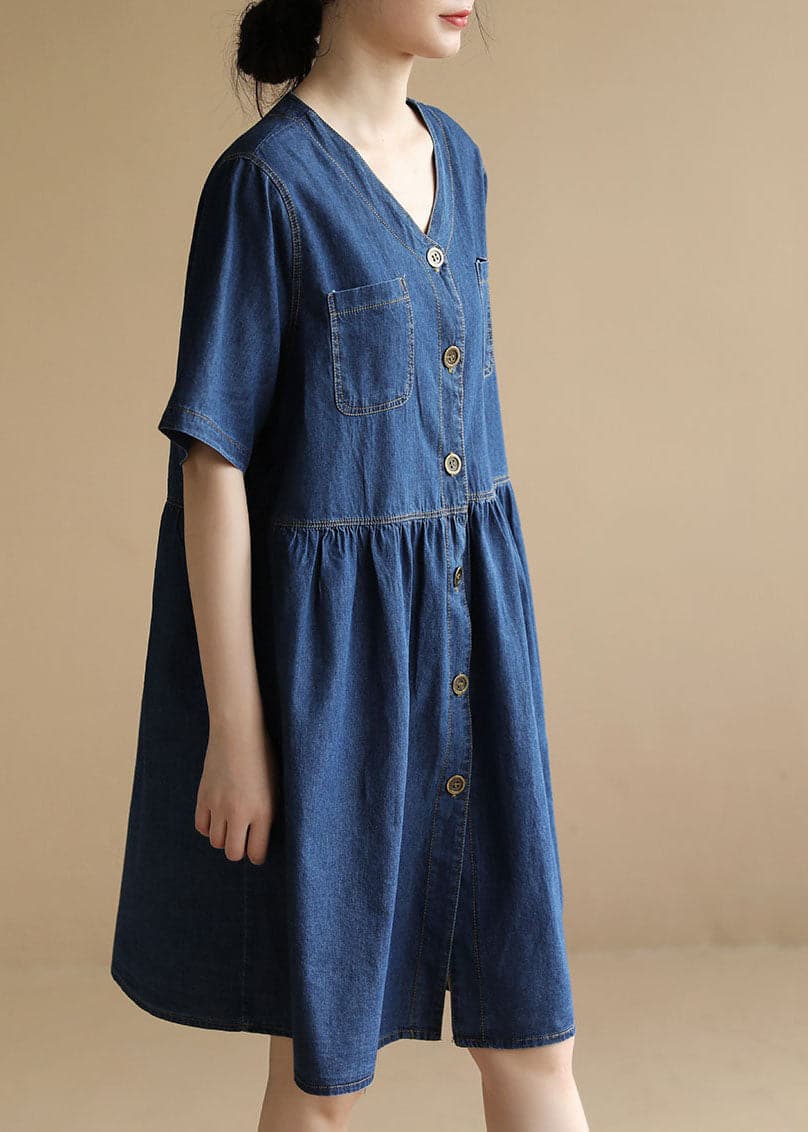 Women Denim Blue V Neck Pockets Cotton A Line Dress Short Sleeve TRCP-SDM220620