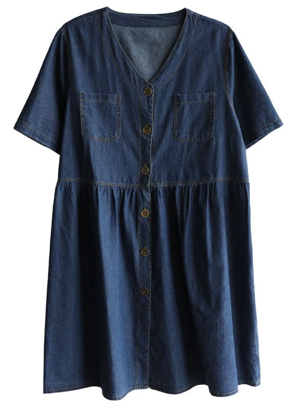 Women Denim Blue V Neck Pockets Cotton A Line Dress Short Sleeve TRCP-SDM220620