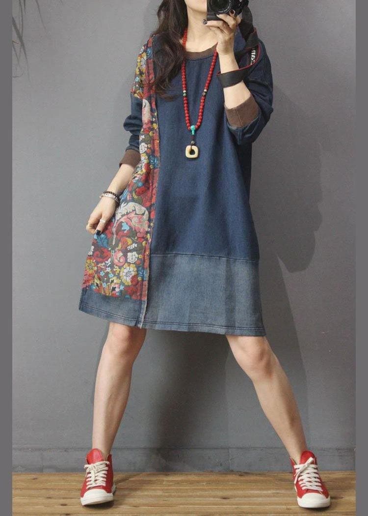 Women Denim Patchwork Cotton Dress Print Summer Long Dress MMZ-SDL210525