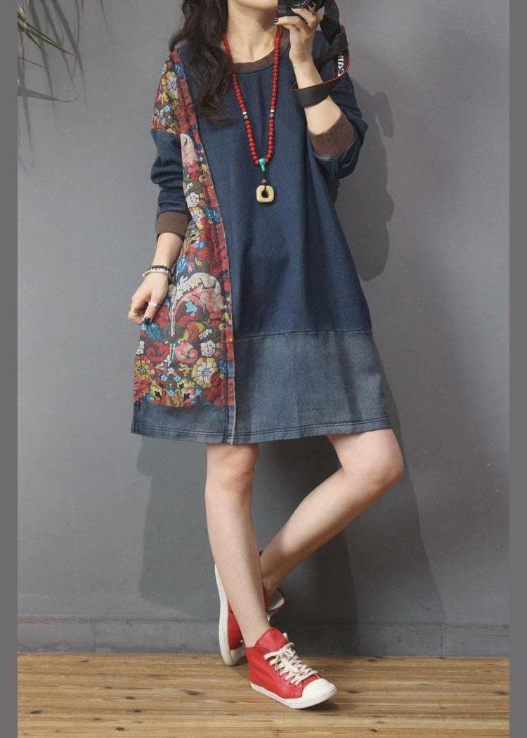 Women Denim Patchwork Cotton Dress Print Summer Long Dress MMZ-SDL210525