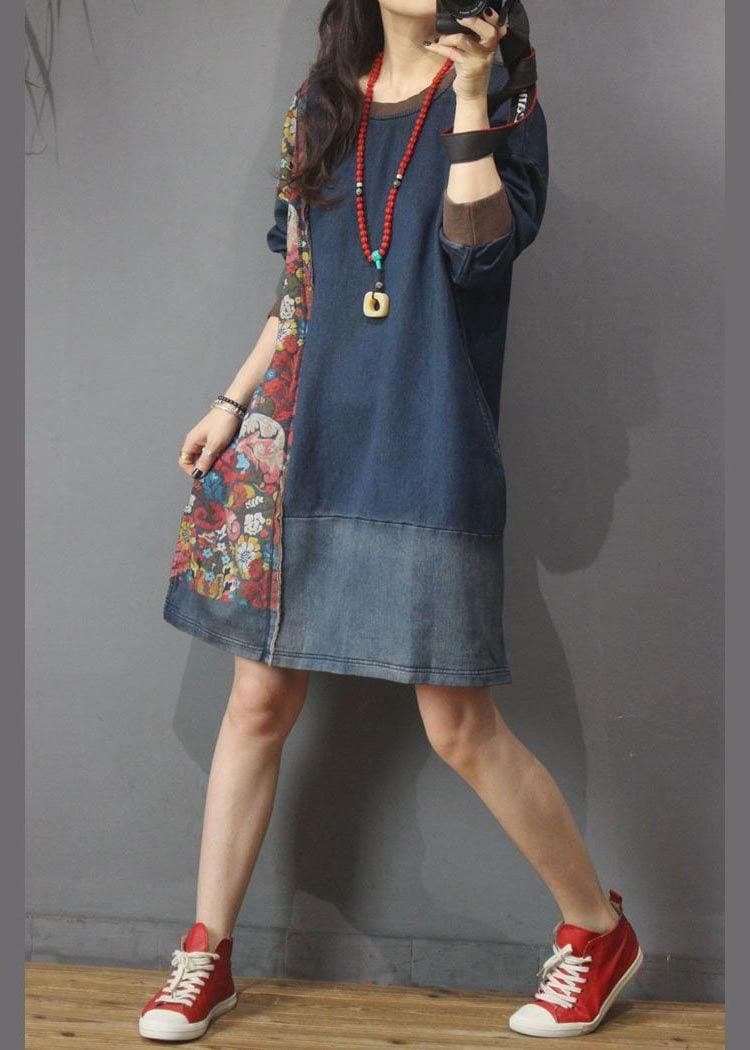 Women Denim Patchwork Cotton Dress Print Summer Long Dress MMZ-SDL210525