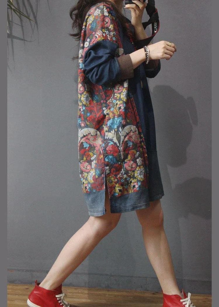 Women Denim Patchwork Cotton Dress Print Summer Long Dress MMZ-SDL210525