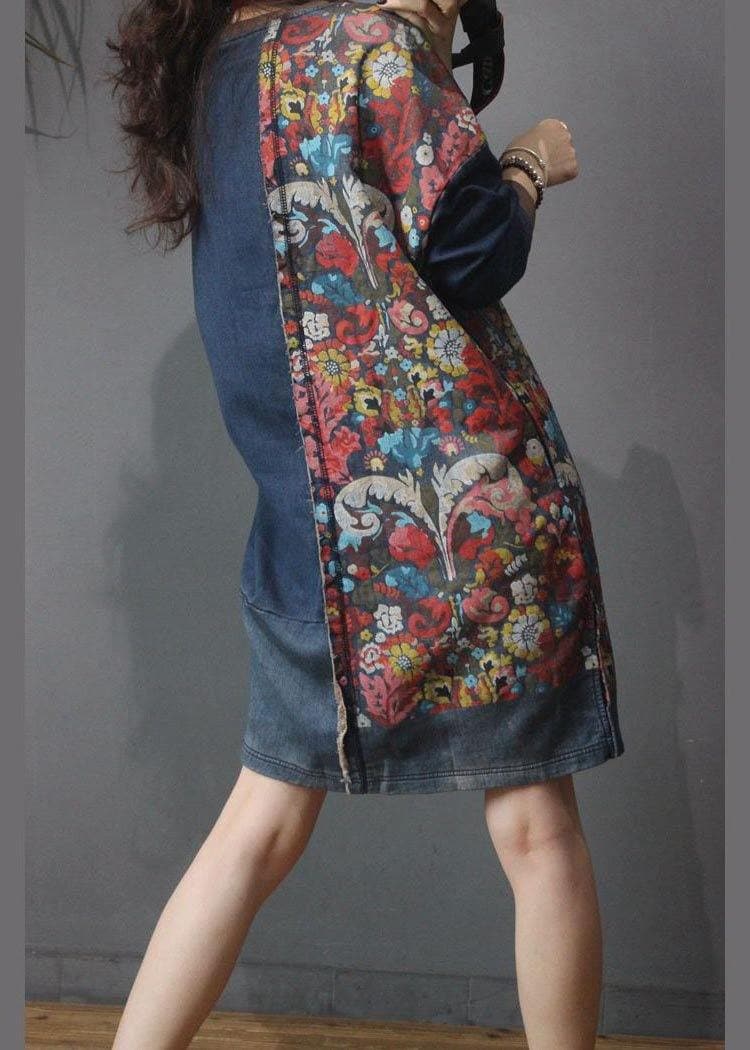 Women Denim Patchwork Cotton Dress Print Summer Long Dress MMZ-SDL210525