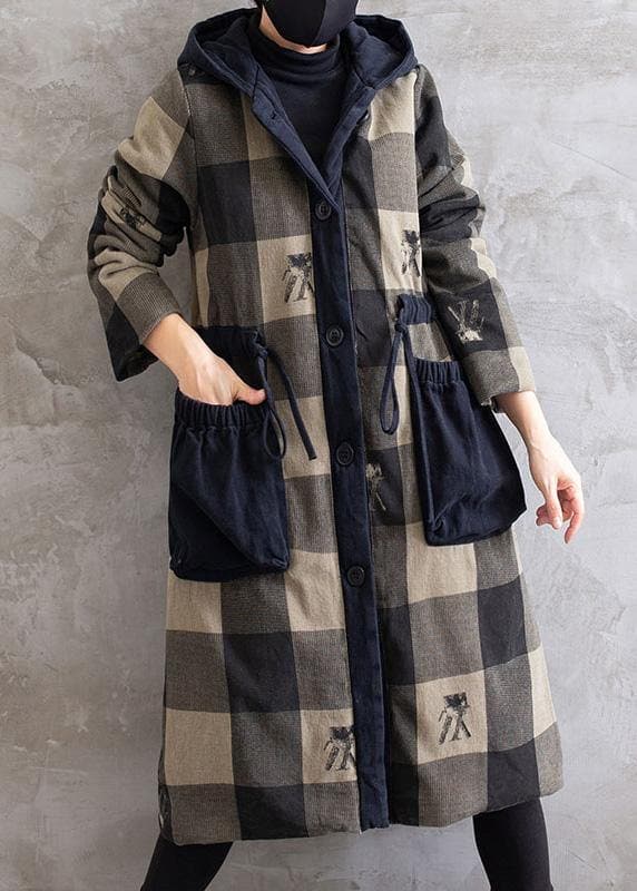 Women Gray Plaid Overcoat Hooded Drawstring Coats TCT210101