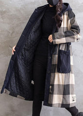 Women Gray Plaid Overcoat Hooded Drawstring Coats TCT210101