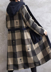 Women Gray Plaid Overcoat Hooded Drawstring Coats TCT210101