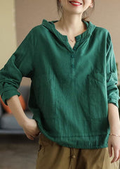 Women Green Button Patchwork Cotton Top Long Sleeve GK-LTP220228