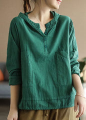 Women Green Button Patchwork Cotton Top Long Sleeve GK-LTP220228