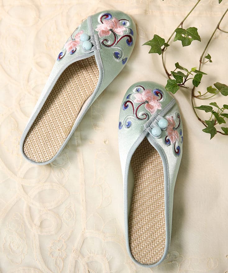 Women Green Embroideried Button Cotton Fabric Slide Sandals SHOE-LT220328