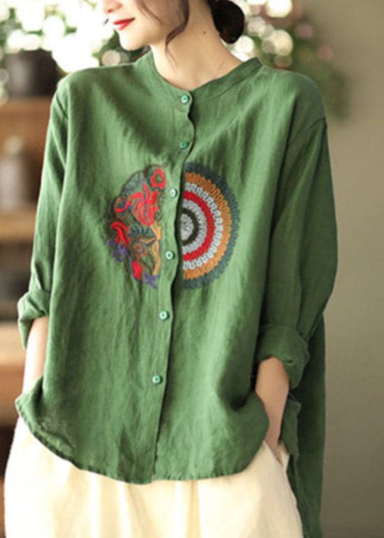 Women Green Embroideried asymmetrical design Linen Shirts Spring GK-LTP220127