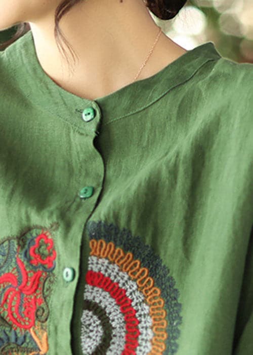 Women Green Embroideried asymmetrical design Linen Shirts Spring GK-LTP220127