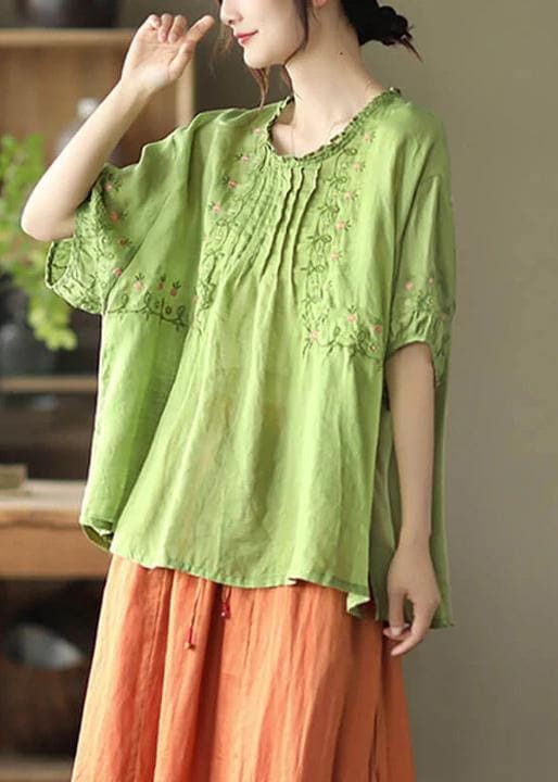 Women Green Floral Draped Ramie O-neck Embroidered Split T-shirt GK-HTP210709