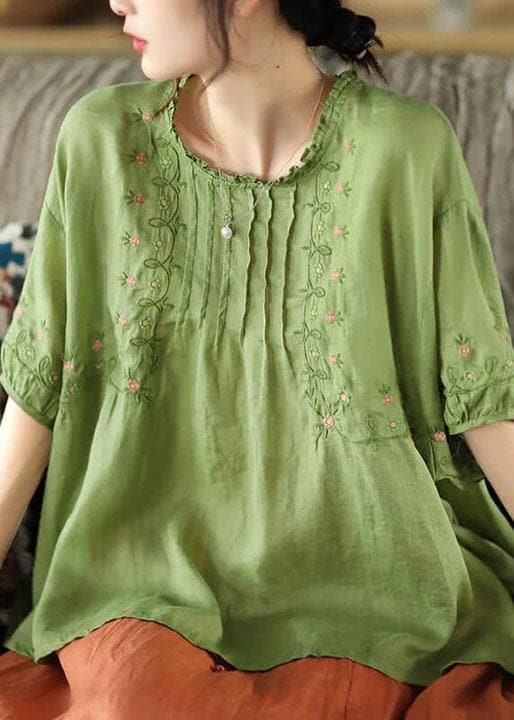 Women Green Floral Draped Ramie O-neck Embroidered Split T-shirt GK-HTP210709