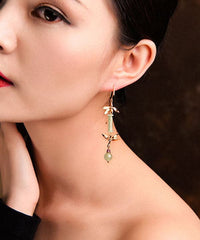 Women Green Jade Bamboo 14K Gold Tassel Drop Earrings Jew-EAR220805