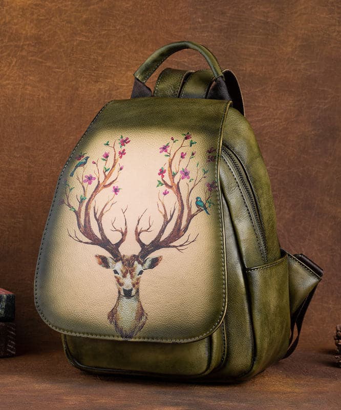 Women Green Print Paitings Calf Leather Backpack Bag BGS211230