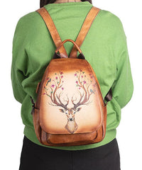 Women Green Print Paitings Calf Leather Backpack Bag BGS211230