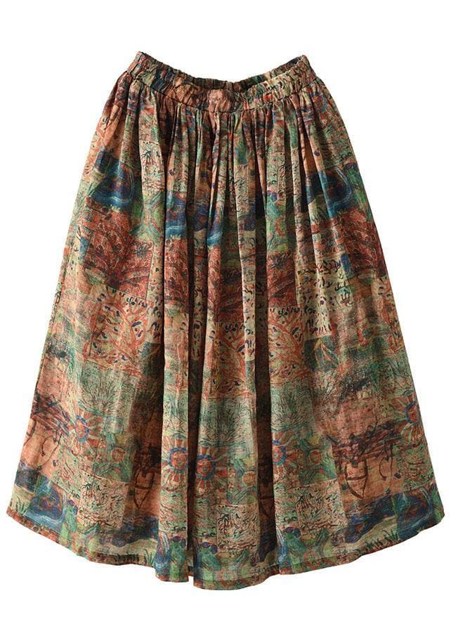 Women Green Print Ramie Elastic Waist Skirt GK-SKTS210708-210819