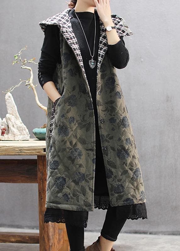 Women Green Print Winter Coats Casual Hooded Sleeveless Outwear TCT210101