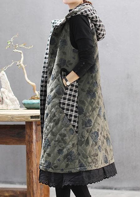 Women Green Print Winter Coats Casual Hooded Sleeveless Outwear TCT210101