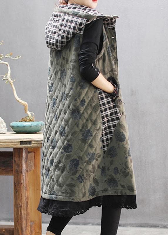 Women Green Print Winter Coats Casual Hooded Sleeveless Outwear TCT210101