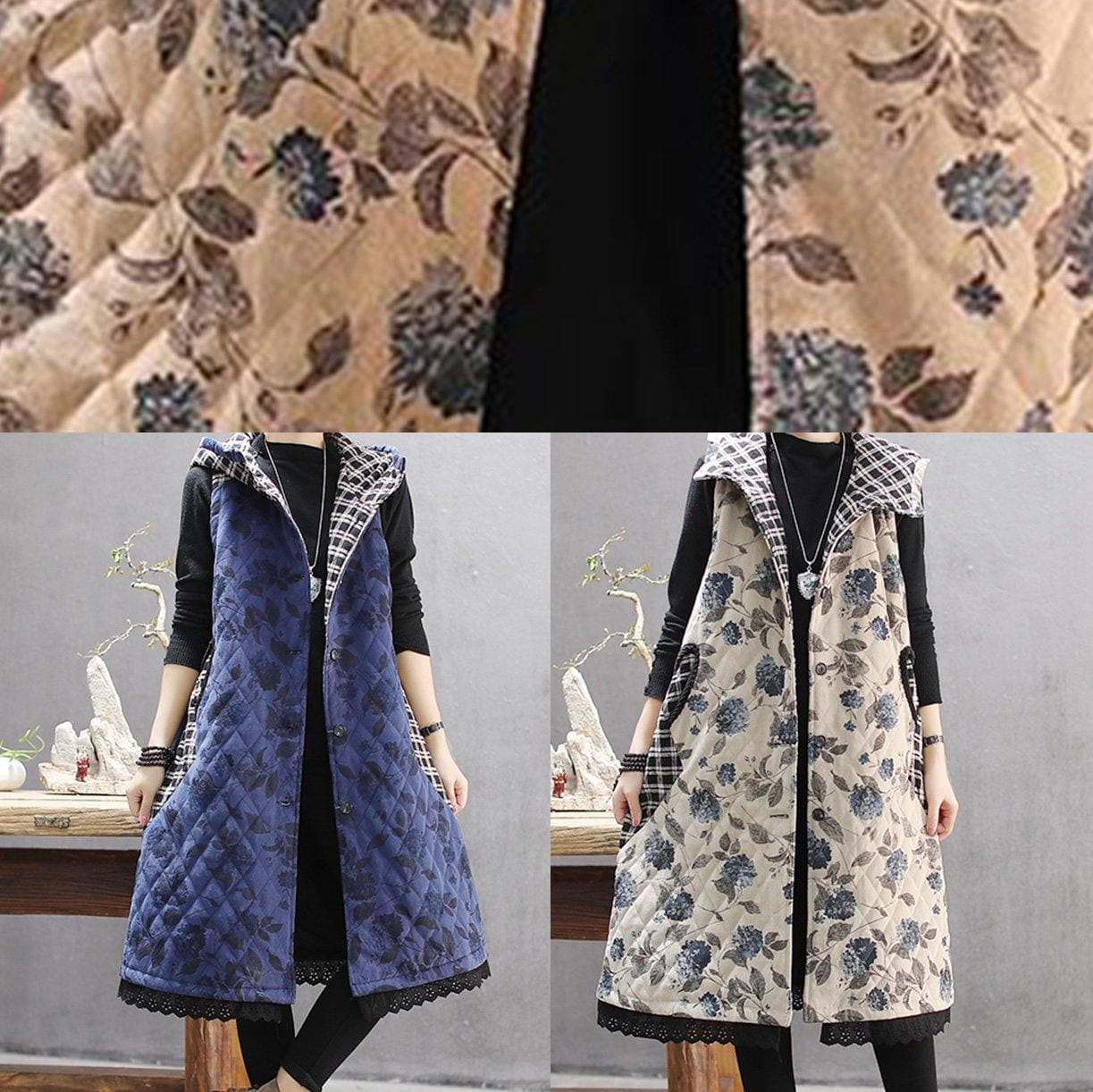 Women Green Print Winter Coats Casual Hooded Sleeveless Outwear TCT210101