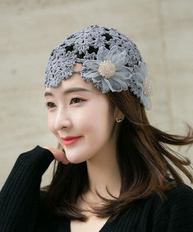 Women Grey Applique Hollow Out Knit Bonnie Hat dylinoshop