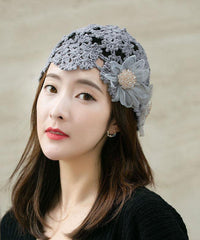 Women Grey Applique Hollow Out Knit Bonnie Hat dylinoshop