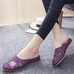 Women Khaki Embroideried Linen Fabric Slippers Shoes LT210723